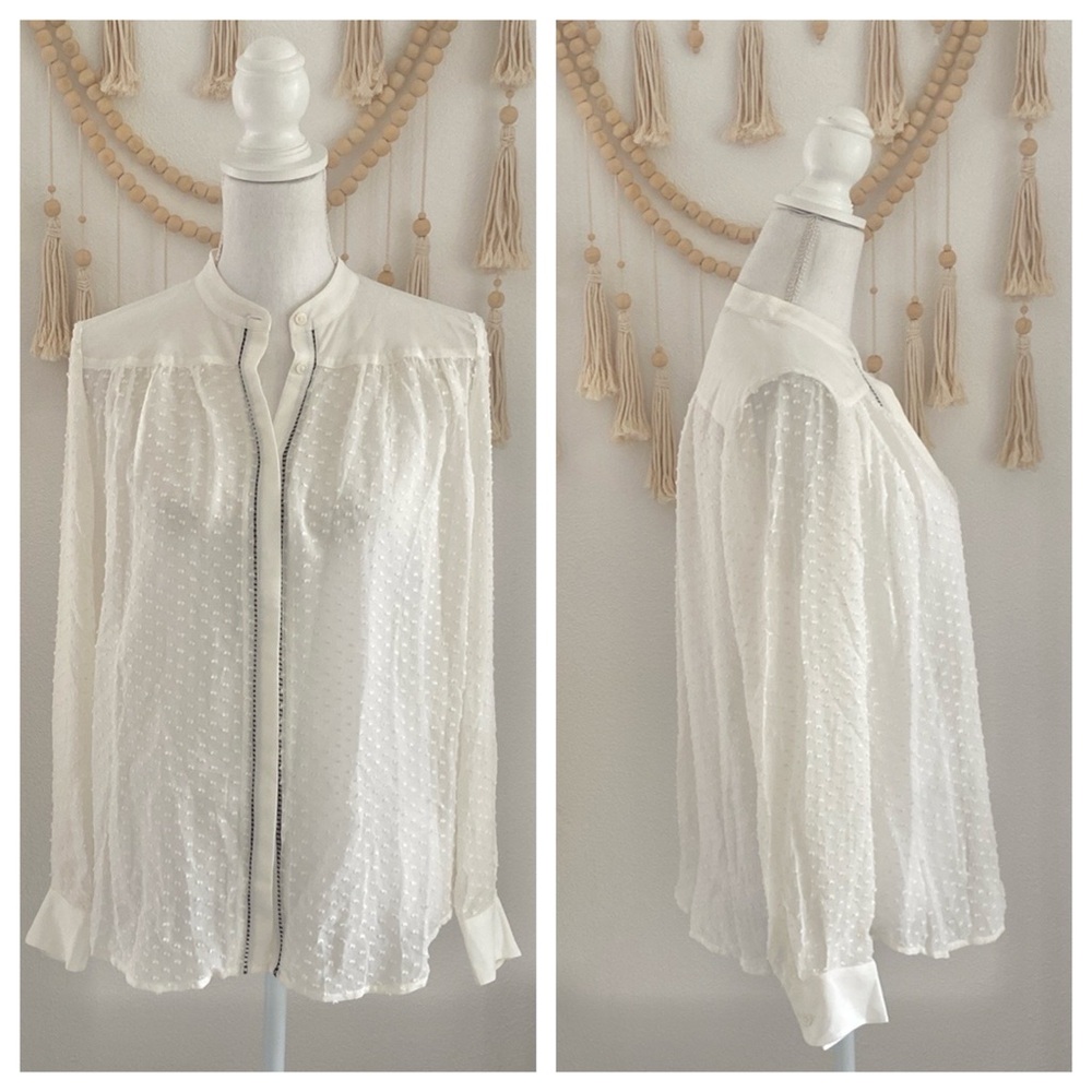 H&M cream silk swiss dot sheer button up shirt polka dot business casual lace 6